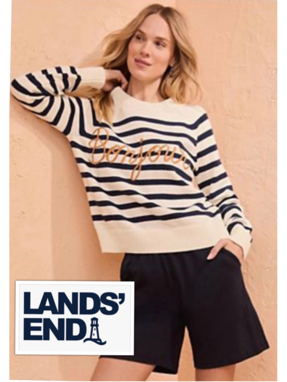NEW Lands End Nautical Preppy Soft Knit Bonjour Embroidered Drifter Sweater Sz S